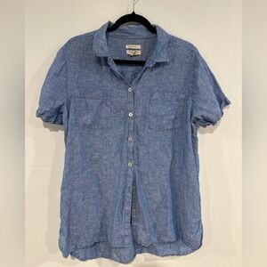 Christian Siriano 100% Linen Button-Up Shirt Women SZ L Light Blue Short Sleeve